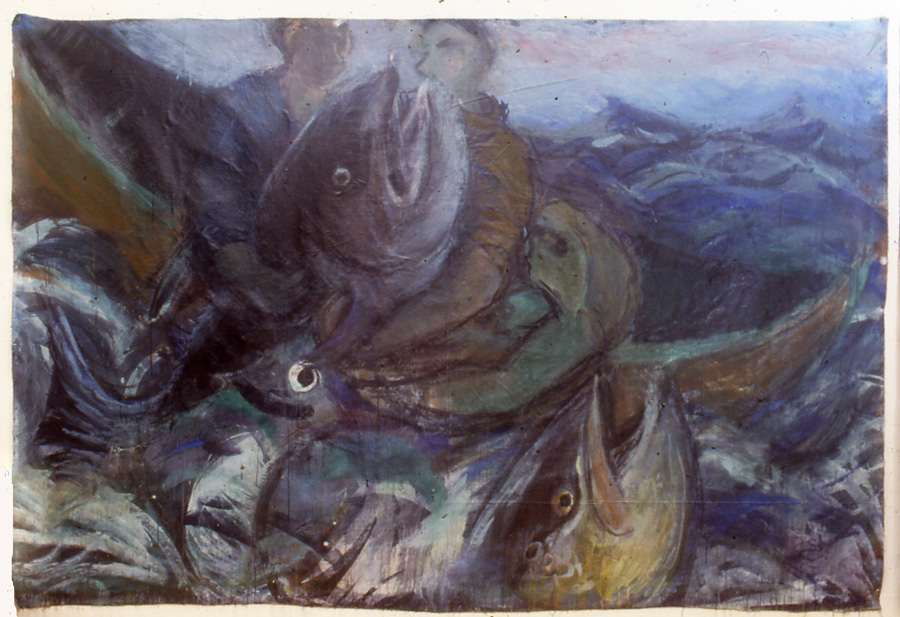 Thunfischfang, ca 200 x 190 cm, Eitempera auf Leinwand